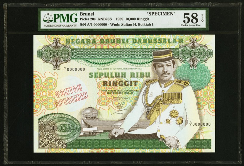 Brunei Negara Brunei Darussalam 10,000 Ringgit 1989 Pick 20s KNB20S Specimen PMG...