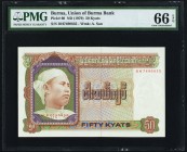 Burma Union of Burma Bank 50 Kyats ND (1979) Pick 60 PMG Gem Uncirculated 66 EPQ. An elusive denomination from the Aung San issue for the Union Bank o...