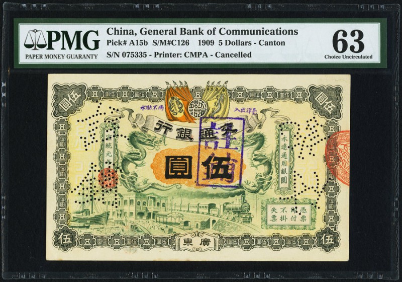 China General Bank of Communications, Canton 5 Dollars 1.3.1909 Pick A15b S/M#C1...