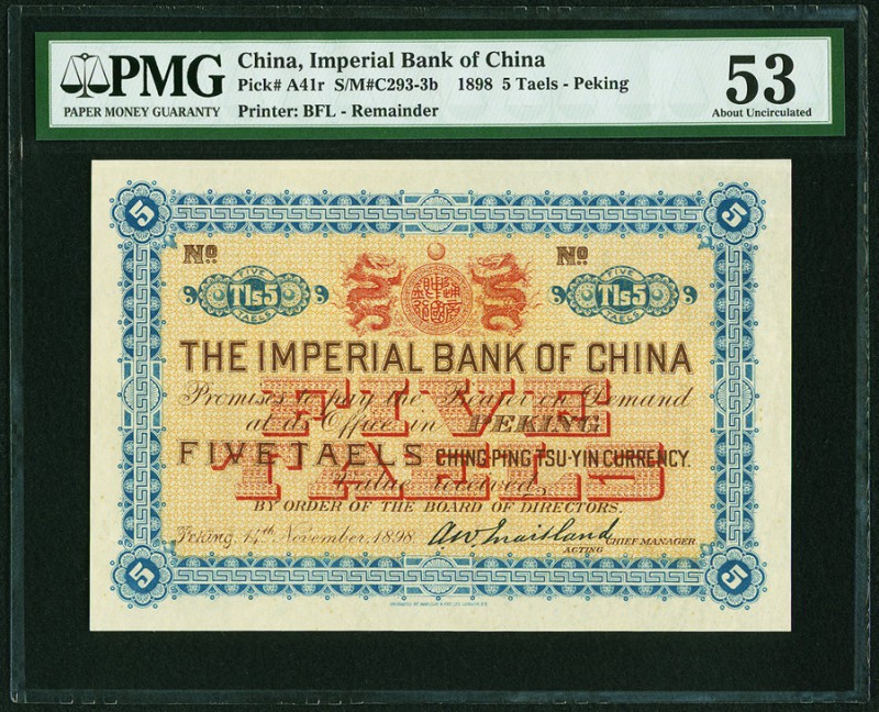 China Imperial Bank of China, Peking 5 Taels 14.11.1898 Pick A41r Remainder PMG ...