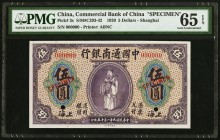 China Commercial Bank of China, Shanghai 5 Dollars 15.1.1920 Pick 3s S/M#C293-42 Specimen PMG Gem Uncirculated 65 EPQ. One of the more popular foreign...