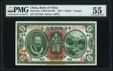 China Bank of China, Yunnan 1 Dollar 1.6.1912 Pick 25s S/M#C294-30r PMG About Uncirculated 55. An attractive example issued in the Yunnan Province. Hi...