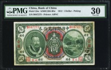 China Bank of China, Peking 1 Dollar 1.6.1912 Pick 25w S/M#C294-30w PMG Very Fine 30. A handsome example of this rare Peking branch offering, with viv...