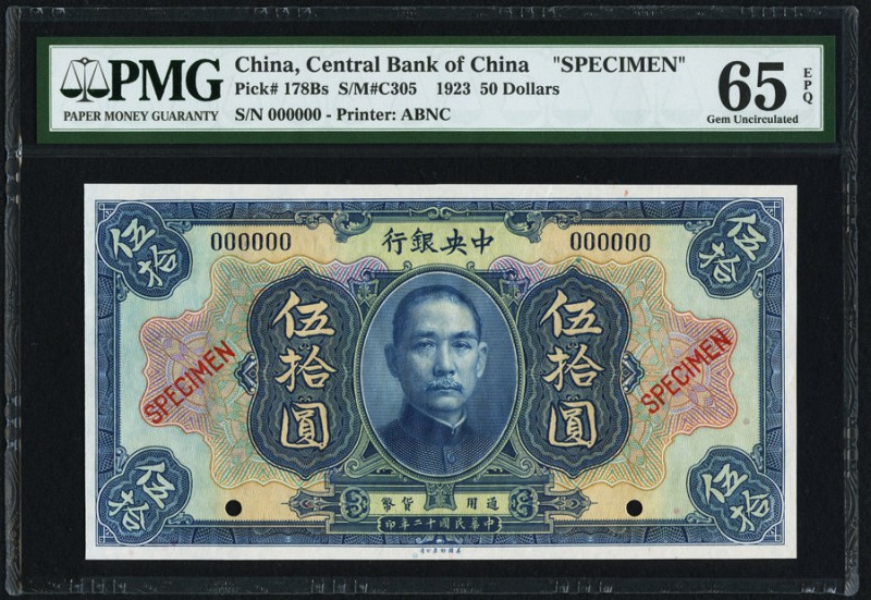 China Central Bank of China 50 Dollars 1923 Pick 178Bs S/M#C305 Specimen PMG Gem...