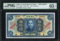 China Central Bank of China 50 Dollars 1923 Pick 178Bs S/M#C305 Specimen PMG Gem Uncirculated 65 EPQ. A vividly inked Specimen that ranks as the secon...