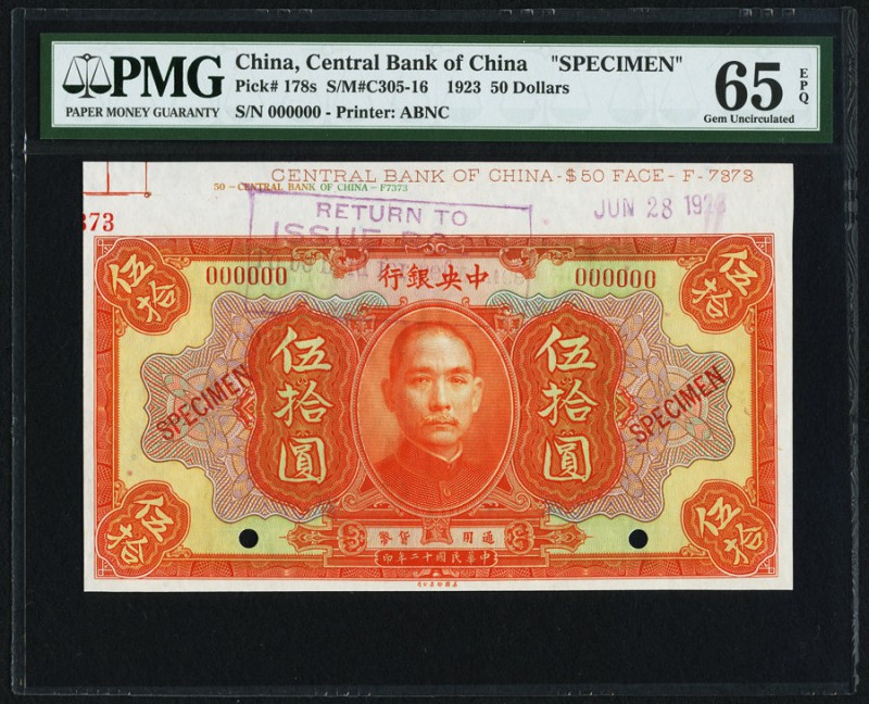 China Central Bank of China 50 Dollars 1923 Pick 178s S/M#C305-16 Specimen PMG G...