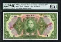 China Central Bank of China 100 Dollars 1923 Pick 179As S/M#C305 Specimen PMG Gem Uncirculated 65 EPQ. A handsome Specimen, featuring the "Father of t...