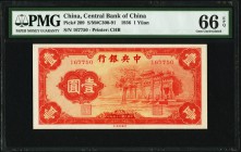 China Central Bank of China 1 Yuan 1936 Pick 209 PMG Gem Uncirculated 66 EPQ. A truly outstanding example of this famous design printed by the Chung H...