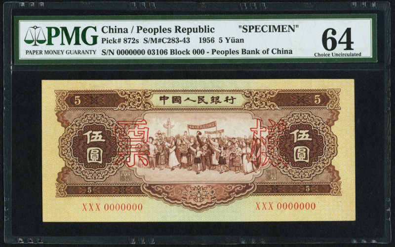 China People's Bank of China 5 Yuan 1956 Pick 872s S/M#C283-43 Specimen PMG Choi...