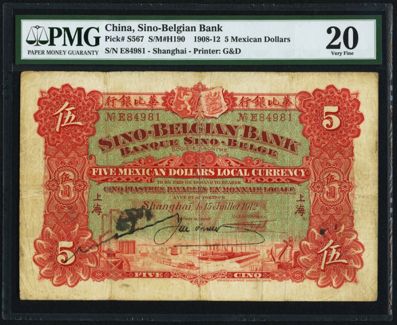 China Banque Sino-Belge, Shanghai 5 Mexican Dollars 15.7.1912 Pick S567 S/M#H190...