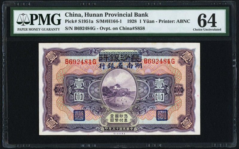 China Hunan Provincial Bank 1 Yüan 1.1.928 Pick S1951a S/M#H164-1 PMG Choice Unc...