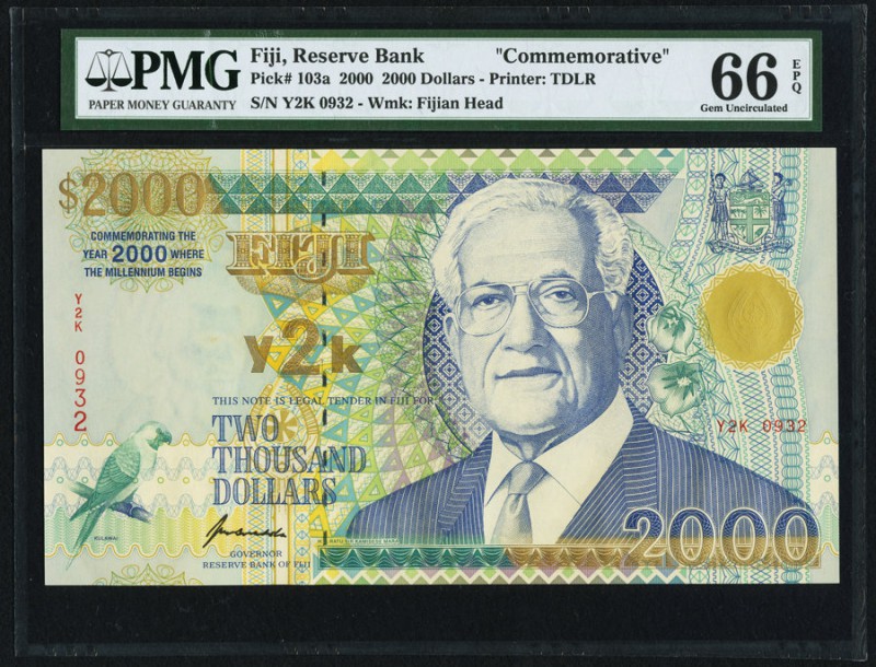 Fiji Reserve Bank of Fiji 2000 Dollars 2000 Pick 103a PMG Gem Uncirculated 66 EP...