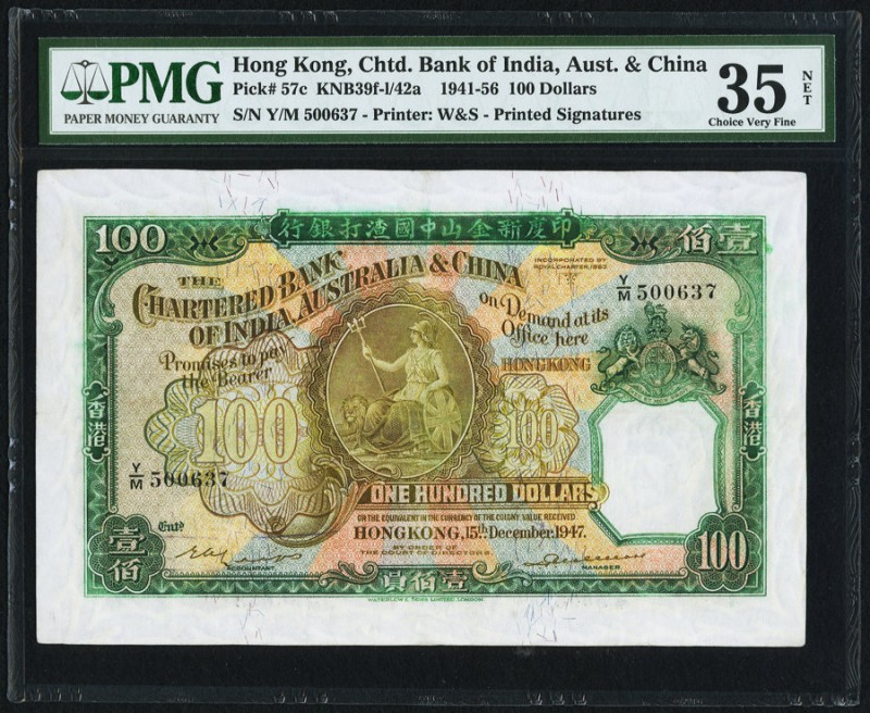 Hong Kong Chartered Bank of India, Australia & China 100 Dollars 15.12.1947 Pick...