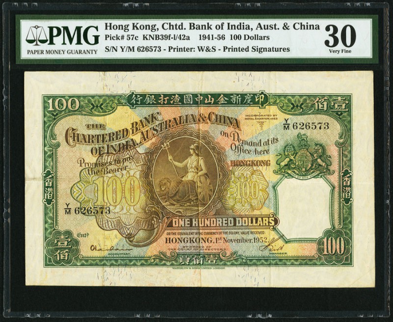 Hong Kong Chartered Bank of India, Australia & China 100 Dollars 1.11.1952 Pick ...