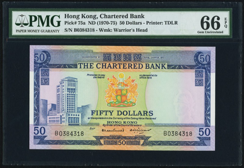 Hong Kong Chartered Bank 50 Dollars ND (1970-75) Pick 75a KNB50b PMG Gem Uncircu...