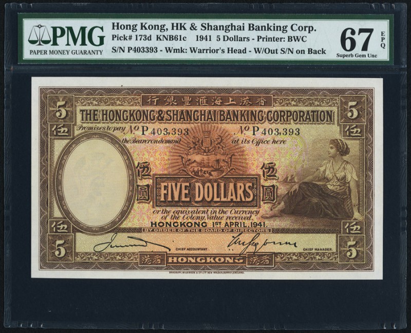 Hong Kong Hongkong & Shanghai Banking Corporation 5 Dollars 1.4.1941 Pick 173d K...