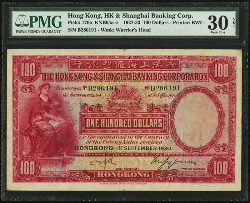 Hong Kong Hongkong & Shanghai Banking Corporation 100 Dollars 1.9.1930 Pick 176a...