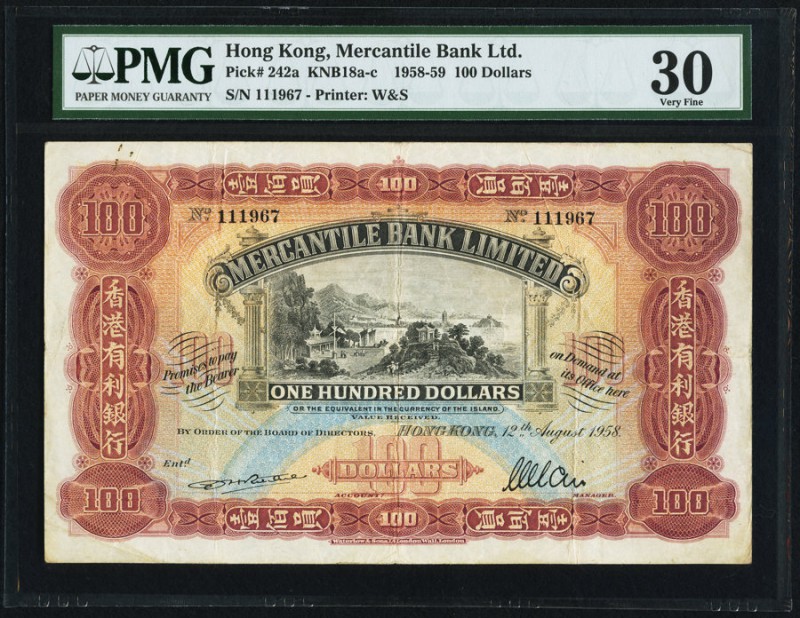 Hong Kong Mercantile Bank Limited 100 Dollars 12.8.1958 Pick 242a KNB18 PMG Very...