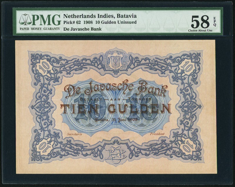 Netherlands Indies De Javasche Bank 10 Gulden 31.6.1908 Pick 62 Unissued PMG Cho...