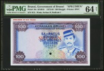 Brunei Government of Brunei 100 Ringgit ND (1972-88) Pick 10s KNB10S Specimen PMG Choice Uncirculated 64 Net. A well centered Specimen example from th...