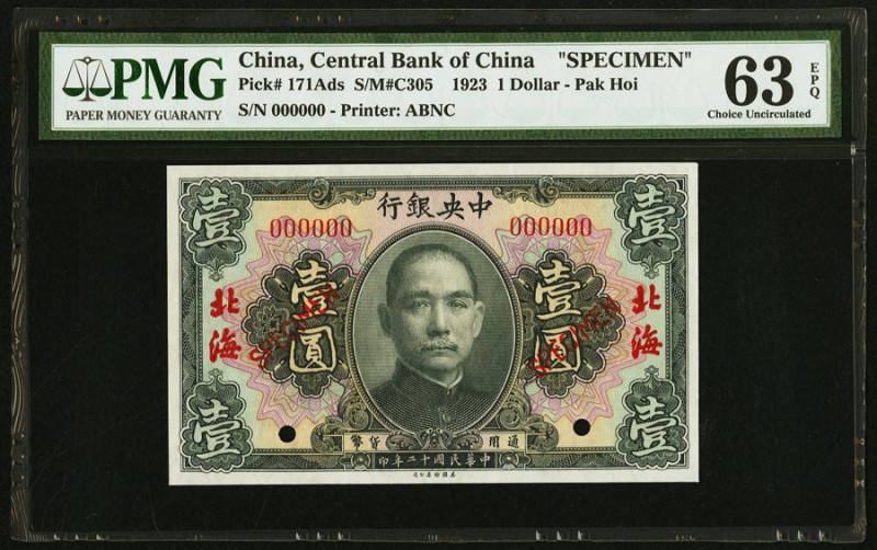 China Central Bank of China, Pak Hoi 1 Dollar 1923 Pick 171Ads S/M#C305 Specimen...