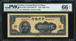 China Central Bank of China 2500 Yüan 1945 Pick 303 S/M#C300-275 PMG Gem Uncirculated 66 EPQ. A top tier graded example for the Central Bank of China....