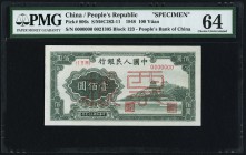China People's Bank of China 100 Yüan 1948 Pick 806s S/M#C282-11 Specimen PMG Choice Uncirculated 64. A handsome, clean example of this popular and sc...