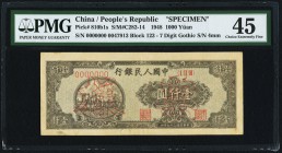 China People's Bank of China 1000 Yüan 1948 Pick 810b1s S/M#C282-14 Specimen PMG Choice Extremely Fine 45. A high denomination Specimen for the People...