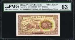 China People's Bank of China 10 Yüan 1949 Pick 817s S/M#C282-24 Specimen PMG Choice Uncirculated 63. A popular and choice example of this Specimen for...
