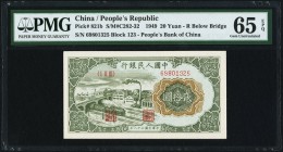 China People's Bank of China 20 Yüan 1949 Pick 821b S/M#C282-32 PMG Gem Uncirculated 65 EPQ. A scarce variety, with an "R" below the bridge. At the ti...