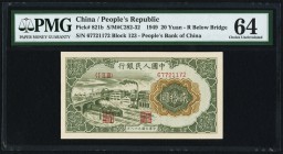 China People's Bank of China 20 Yüan 1949 Pick 821b S/M#C282-32 PMG Choice Uncirculated 64. A handsome example of this popular type, and desirable wit...