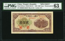 China People's Bank of China 200 Yüan 1949 Pick 837a1s S/M#C282-51 Specimen PMG Choice Uncirculated 63. A rare and pleasing Specimen, with Gothic seri...