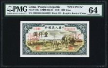 China People's Bank of China 1000 Yüan 1949 Pick 849s S/M#C282-60 Specimen PMG Choice Uncirculated 64. A beautifully engraved Specimen for the People'...