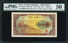 China People's Bank of China 5000 Yüan 1953 Pick 859bs S/M#C282 Specimen PMG About Uncirculated 50. A handsome example of this scarce Specimen, which ...