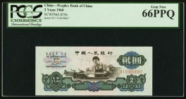 China People's Bank of China 2 Yüan 1960 Pick 875b PCGS Gem New 66PPQ. The scarcer variety for this Pick type, always popular and in top tier grade. 
...