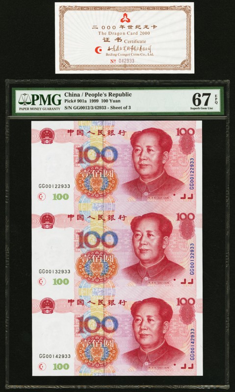 China People's Bank of China 100 Yuan 1999 Pick 901a Uncut Sheet of 3 With Certi...