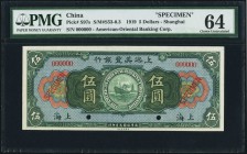 China American-Oriental Banking Corporation, Shanghai 5 Dollars 16.9.1919 Pick S97s S/M#S53-0.3 Specimen PMG Choice Uncirculated 64. A multitude of co...