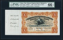 China Chinese Engineering & Mining Company Limited 1 Dollar 1.3.1902 Pick S246r S/M#K1-1 Remainder PMG Gem Uncirculated 66 EPQ. A handsome and colorfu...