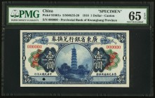 China Provincial Bank of Kwangtung Province, Canton 1 Dollar 1.1.1918 Pick S2401s S/M#K55-20 Specimen PMG Gem Uncirculated 65 EPQ. A beautiful and tot...