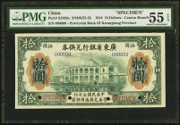China Provincial Bank of Kwangtung Province, Canton 10 Dollars 1.1.1918 Pick S2403s S/M#K55-22 Specimen PMG About Uncirculated 55 EPQ. A scarce and un...