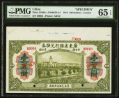 China Provincial Bank of Kwangtung Province, Canton 100 Dollars 1.1.1918 Pick S2405s S/M#K55-24 Specimen PMG Gem Uncirculated 65 EPQ. A handsome worki...