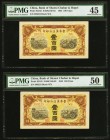 China Bank of Shansi Chahar & Hopei 100 Yüan 1945 Pick S3182 S/M#C168-82 Two Consecutive Examples PMG About Uncirculated 50; Choice Extremely Fine 45....