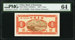 China Bank of Kuantung 1 Yüan 1948 Pick S3445 S/M#K20-1 PMG Choice Uncirculated 64. A vividly inked example, far better than typically seen. Just a to...