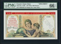 French Indochina Banque de l'Indo-Chine 500 Piastres ND (1951) Pick 83s Specimen PMG Gem Uncirculated 66 EPQ. Simply a beautiful example of the Specim...