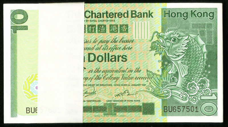 Hong Kong Chartered Bank 10 Dollars 1981 Pick 77b KNB52f Pack of 100 Very Choice...