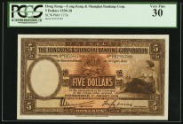 Hong Kong Hongkong & Shanghai Banking Corporation 5 Dollars 1.1.1938 Pick 173b PCGS Very Fine 30. Bright and cold, and certainly above average for the...