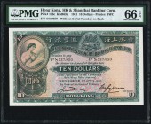 Hong Kong Hongkong & Shanghai Banking Corp. 10 Dollars 1.4.1941 Pick 178c KNB63a PMG Gem Uncirculated 66 EPQ. A high grade example with multicolor und...