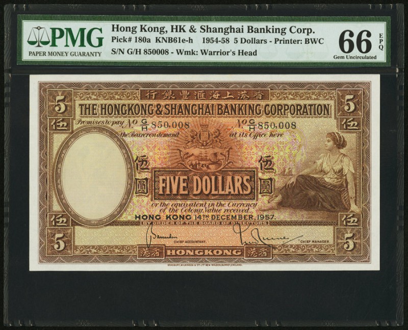 Hong Kong Hongkong & Shanghai Banking Corp. 5 Dollars 14.12.1957 Pick 180a KNB61...