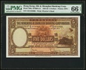 Hong Kong Hongkong & Shanghai Banking Corp. 5 Dollars 14.12.1957 Pick 180a KNB61 PMG Gem Uncirculated 66 EPQ. Embossing is strong on this example that...