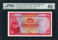 Hong Kong Hongkong & Shanghai Banking Corp. 100 Dollars 1.2.1965 Pick 183b KNB70h PMG Gem Uncirculated 65 EPQ. A striking red and multicolor note, thi...